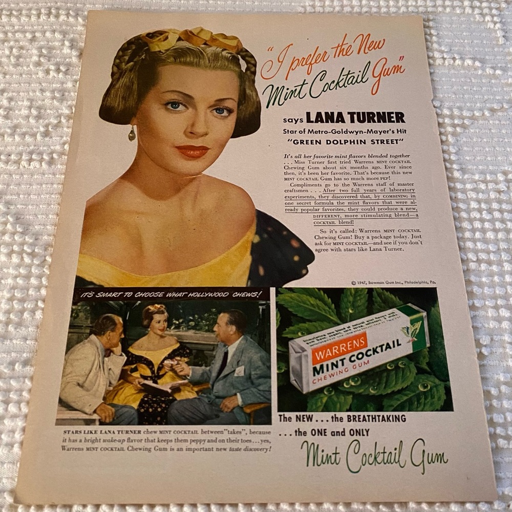 Vintage 1947 Movie Star Lana Turner Mint Cocktail Chewing Gum Magazine Ad